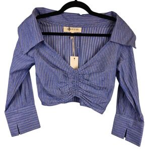 Just Bee Queen‎ Blue Striped Ruched Crop Top Portrait Collar XS New Nautical
